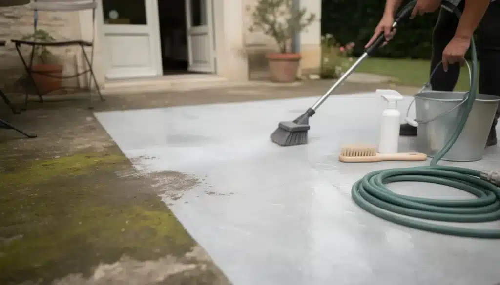 Enlever le vert sur une terrasse en béton : mousse et taches