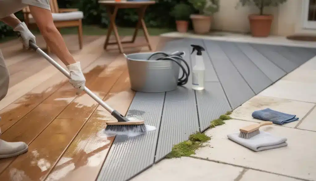 Nettoyer la terrasse : bois, composite, dalles et mousse